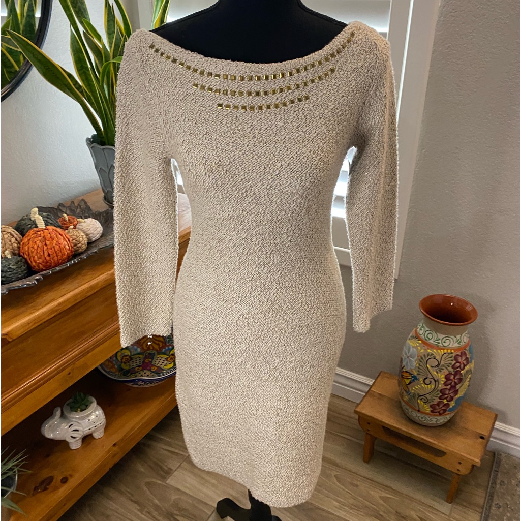 Elisabetta Franchi Gorgeous Knee High Knitted Tan And Gold Long Sleeves Dress
